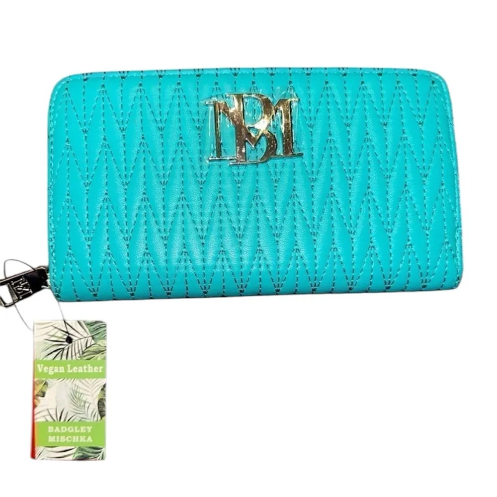 Badgley Mischka Turquoise Green Braid Quilting Long Wallet